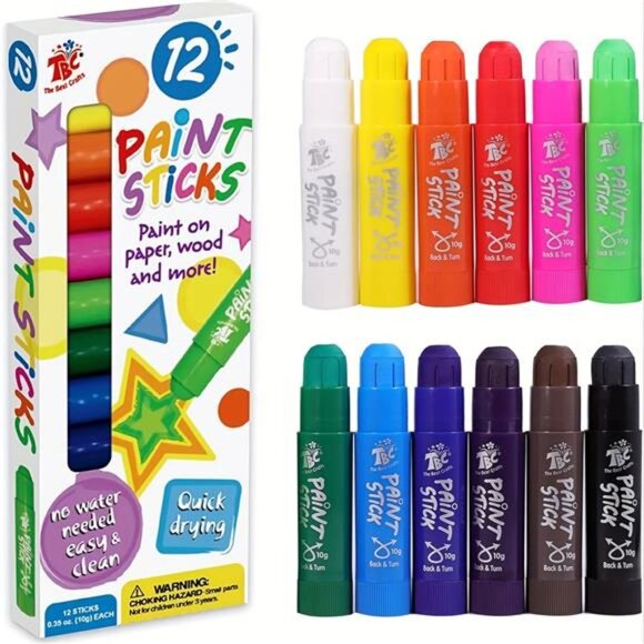 12 Classic Colors Washable Paint Sticks – Non-Toxic, Easy & Mess-Free Craft Fun! - Picture 1 of 6